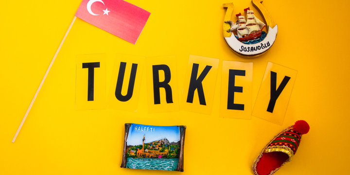 Turkey travel concept, turkish flag, magnets from Halfeti and Sanliurfa