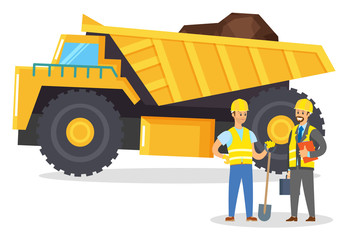 People, miners stand near big lorry with coal. Yellow industrial vehicle used to transport large amount of raw. Autotruck for cargo transportation. Vector illustration of mining industry in flat style