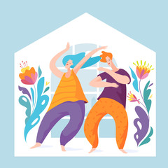 Fototapeta premium Stay home vector quarantine illustration with a happy couple spend time at home