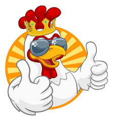 A chicken rooster cockerel bird cartoon character in a kings gold crown and cool shades or sunglasses giving a double thumbs up