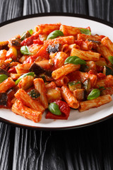 Tortiglioni pasta with eggplant, zucchini, pepper and basil in tomato sauce close-up in a plate on the table. vertical