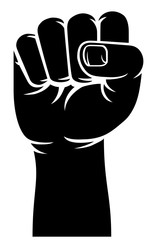 A stylised hand in a fist raised up in protest or revolution propaganda style sign