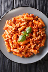 Tasty Tortiglioni pasta bolognese with basil close-up in a plate. Vertical top view