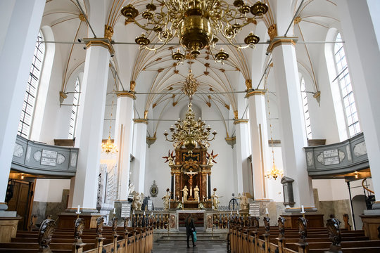 Interior of Trinitatis Kirke Holy Trinity church in Copenhagen, Denmark. February 2020