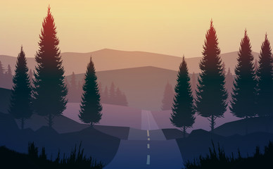 Natural pine trees forest. Mountains horizon hills and the route. Sunrise and sunset. Landscape wallpaper. Illustration vector style. Colorful view background.