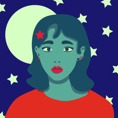 poster with a girl an alien on the background of the moon