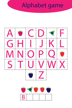 Berry alphabet game for children, make a word, preschool worksheet activity for kids, educational spelling scramble game for the development of children, vector illustration