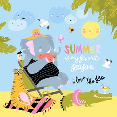 Cute cartoon animals sunbathing on beach. Hello summer