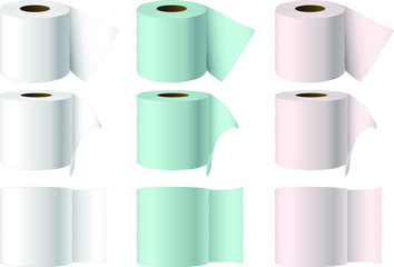 A variety of colours of single rolls of toilet paper