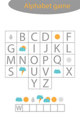 Weather alphabet game for children, make a word, preschool worksheet activity for kids, educational spelling scramble game for the development of children, vector illustration