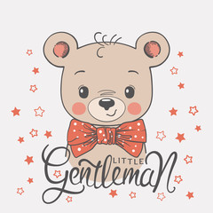 Cute bear face with bow tie. Little Gentleman slogan. Vector illustration design for t-shirt graphics, fashion prints, slogan tees