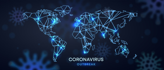 Covid-19 infection with to the World Map and infected locations. Coronavirus healthcare banner. Infection of polygons world map