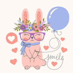 Cute rabbit with girl with floral wreath, balloon. Smile slogan. Vector illustration for t-shirt graphics, fashion prints and other uses