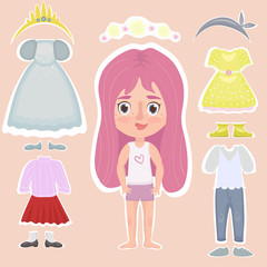 Set of illustrations with a cute girl with pink hair. Set of clothes, wardrobe: princess dress, casual wear, crown and flower wreath. Paper doll or character.