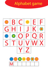 Mandala alphabet game for children, make a word, preschool worksheet activity for kids, educational spelling scramble game for the development of children, vector illustration
