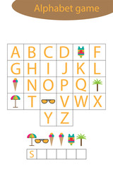 Summer alphabet game for children, make a word, preschool worksheet activity for kids, educational spelling scramble game for the development of children, vector illustration