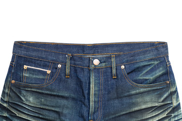 close-up of waist blue jean isolated on white background