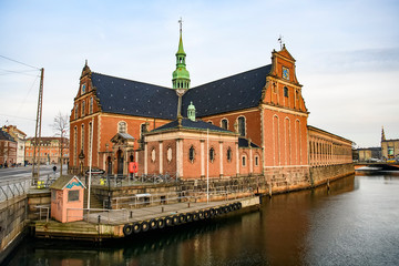 Evening view to Church of Holmen or Holmens Kirke on Holmens canal in Copenhagen, Denmark. February...