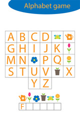Spring alphabet game for children, make a word, preschool worksheet activity for kids, educational spelling scramble game for the development of children, vector illustration