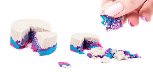Kinetic sand. Cake of multi-colored sand, layers of kinetic sand of different colors