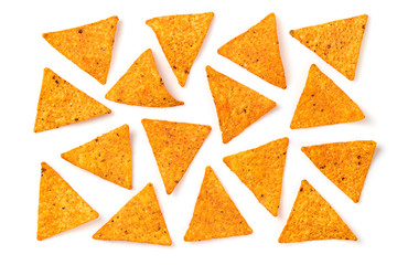 Nachos Mexican corn chips background. Delicious nachos snack, flat lay, isolated on white. Tortilla nacho crisps layout. Creative concept, top view. - obrazy, fototapety, plakaty