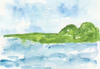 Watercolor landscape with river & island.