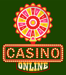 Casino online vector, shining signboard with retro bulbs flat style. Fortune wheel with spinning circle and money sum, gaming and gambling on dollars. Playing games and trying luck entertaining
