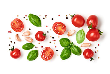 Tomato, basil, spices, pepper, garlic. Vegan diet food, creative cherry tomato composition isolated on white. Fresh basil, herb, tomatoes, cooking concept, top view.