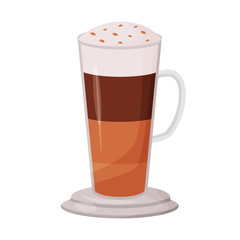 Layered coffee cartoon vector illustration. Mocha flat color object. Dessert sweet drink with topping. Caffeine cocktail menu. Caramel macchiato. Frappuccino isolated on white background