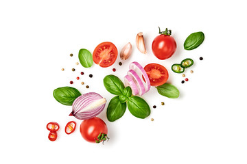Tomato, basil, spices, chili pepper, onion, garlic. Vegan diet food, creative composition isolated on white. Fresh basil, herb, tomatoes, cooking concept, top view.