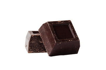 Black chocolate isolate on a white background close-up, copy space