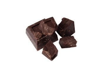 Pieces of black chocolate isolate on a white background close-up, copy space