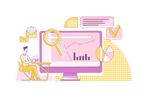 Content Marketing Metrics Thin Line Concept Vector Illustration. Marketer, Analyst 2D Cartoon Character For Web Design. SEO Analysis, Internet Research, Search Engine Optimization Creative Idea