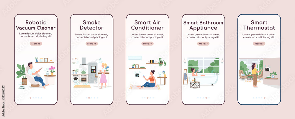 Aufkleber iot devices onboarding mobile app screen flat vector template. smart home appliances control walkthr