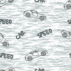 Silhouette sports car on gray grunge background and text. Seamless pattern