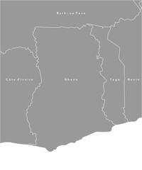 Vector illustration in grey color. Simplified political map with Ghana in the center and border with neighboring countries (Cote d'Ivore, Togo, Benin, Burkina Faso). White background of Gulf of Guinea