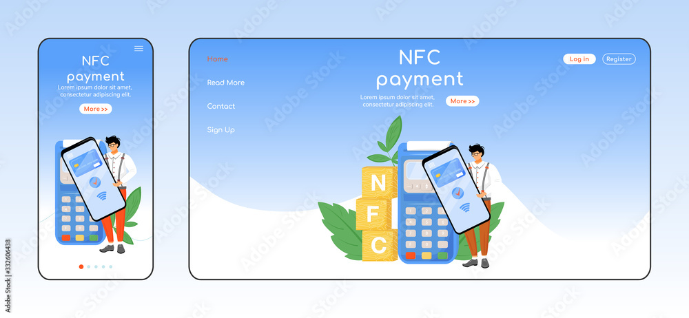 Poster nfc payment adaptive landing page flat color vector template. contactless transaction mobile and pc 