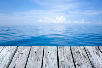 Fototapeta na wymiar Wooden floor or plank on Calm Sea and Blue Sky Background.For product display.