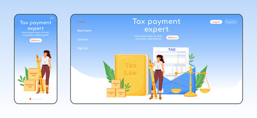Obraz na płótnie Canvas Tax payment expert adaptive landing page flat color vector template. Financial consultancy mobile and PC homepage layout. Economist service one page website UI. Webpage cross platform design