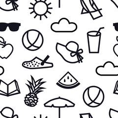 Seamless pattern Summertime Relaxing at home Beautiful sunny day with a book in a deck chair in the backyard  Fruits and drinks Black outline design