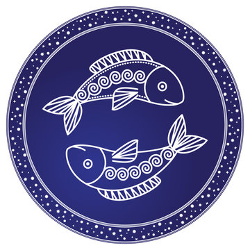 Pisces negative mutable zodiac sign with sketch of two fish in circle. Astrological element for people born in february and march. Isolated decorative icon for horoscopes and predictions vector