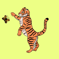 A tiger is playing with a butterfly. Vector graphics.