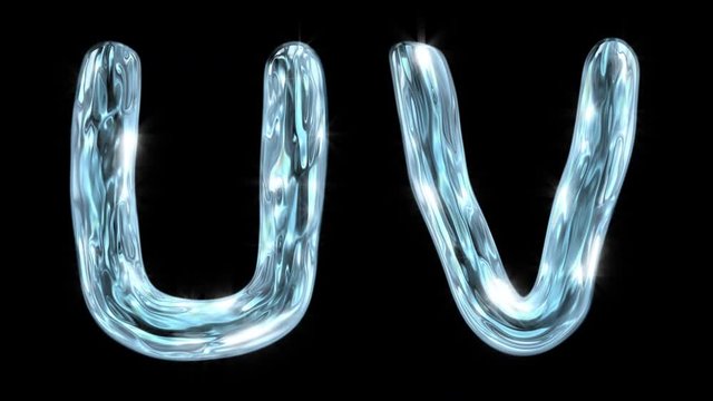 The water alphabet. Liquid letters U V appear, fluctuate for 12 seconds, and disappear. With alpha channel.