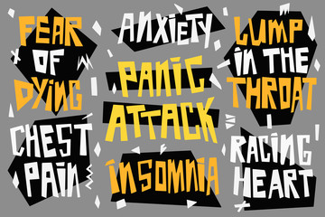 Symptoms of a panic attack and depressive disorders. Hand drawn vector lettering anxiety, insomnia, chest pain, racing heart, fear of dyng, lump in the throat. For medical info banners and posters
