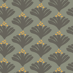 Shell flower minimal seamless vector pattern. Simple dark grey flower motif in shell shape with highlighted yellow stamen on light grey background. 