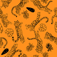 Seamless pattern with jumping tigers and tropical leaves. Vector graphics.