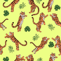 Seamless pattern with jumping tigers and tropical leaves. Vector graphics.