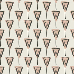 Simple pink triangle flower seamless vector pattern. Minimal flower motif in dusty pink with black details on off white background. 