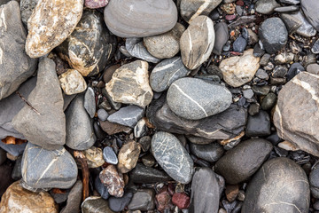 stones and rocks in a water stream in the forest. Pebbles close up