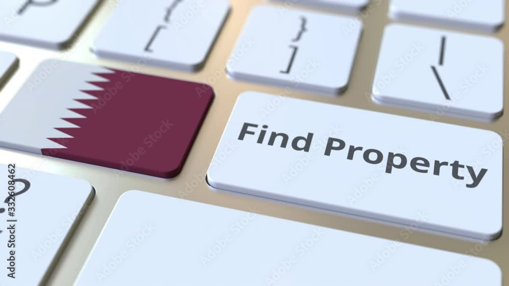 Poster find property text and flag of qatar on the keyboard. online real estate service related conceptual 